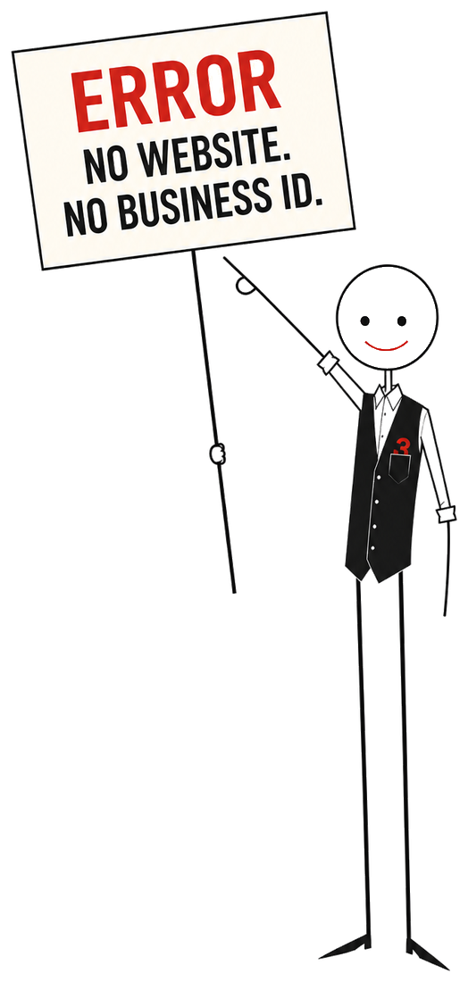 webpage3 mascot pointing at a sign: Error. No website. No business ID.